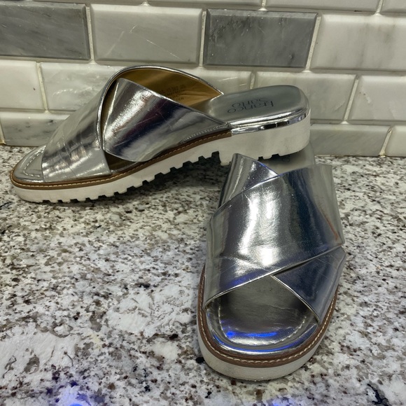 Franco Sarto Silver Cross Slides EUC - Picture 3 of 5